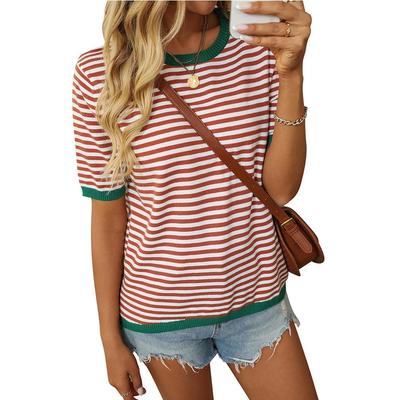 Women's Summer New Round Neck Striped Collision Colour Short Sleeve Casual Jumper