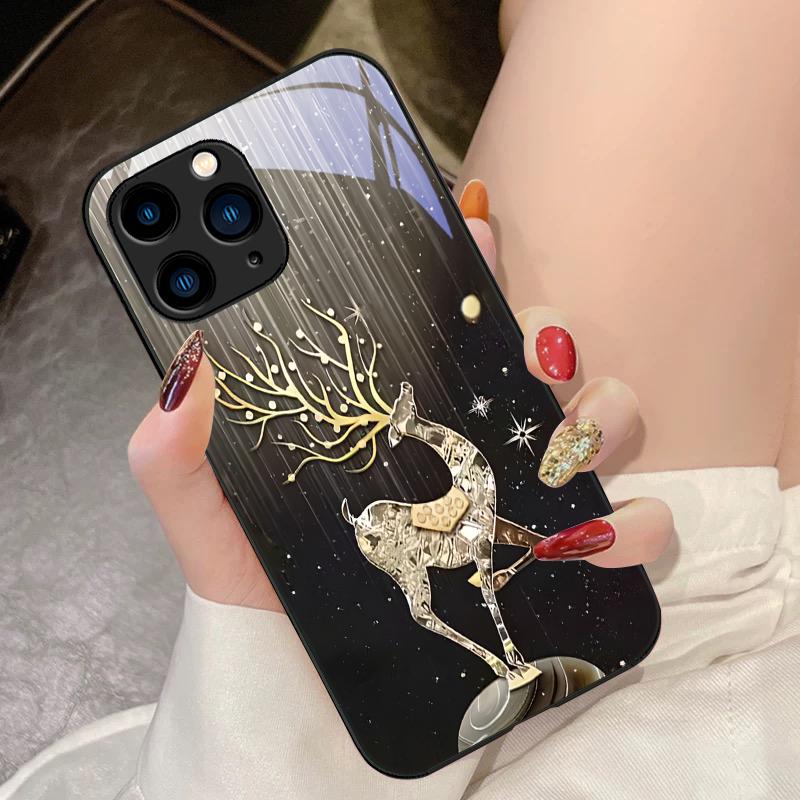 Capa de Vidro Temperado de Luxo Cervo Azul Rosa Para IPhone 16 Pro Max 15 Pro 14 13 12 Mini 11 XS Max XR 7 8 Plus SE 2022