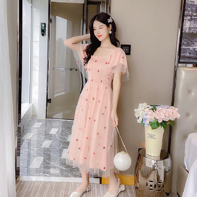 French Mesh Embroidered Fairy Dress - Korean Mori Sweet Style Beach Resort Long Dress S (80-95 lbs) розовый