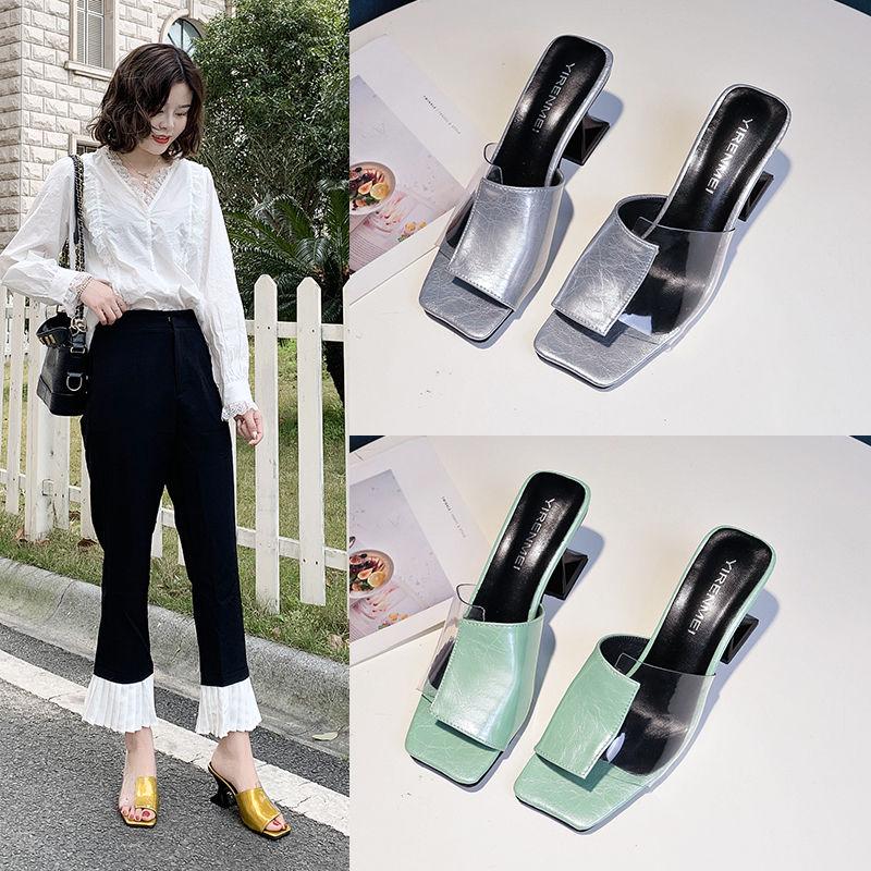Women's Shoes Summer Transparent Film Slippers Color Matching Half Drag Sandals Open Toe Thick Heels