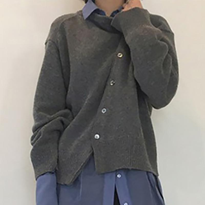 IHUASU Damen Herbst und Winter Schrägknopf Unregelmäßiges Design Slouchy Style Pullover Cardigan Strickjacke