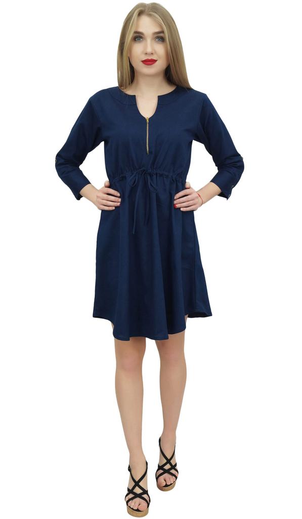 Bimba Women's Short Denim Casual Dress Dark Blue Drawstring Waist Dresses -