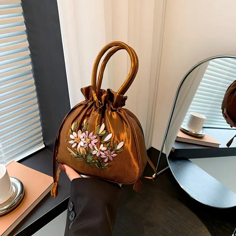 Yogodlns Retro Embroidery Drawstring Bag Flower Pattern Bucket Bag Womens Fashion Handbag Coin Purse