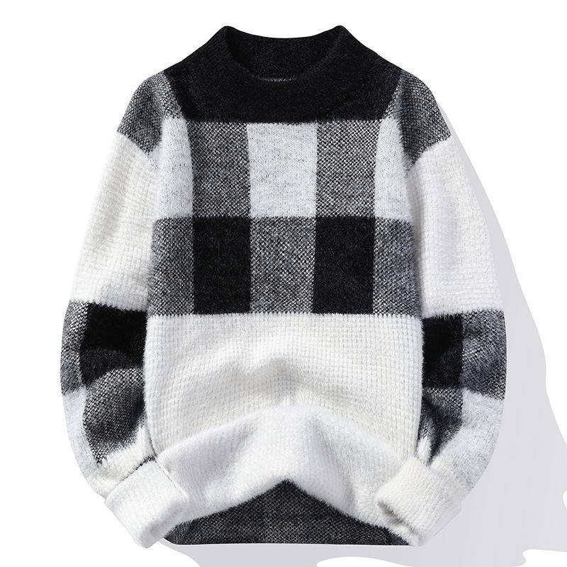 Half Turtleneck Men's Sweater Korean Style Fashion Plaid Imitation Mink Knitted Sweater Autumn and Winter New