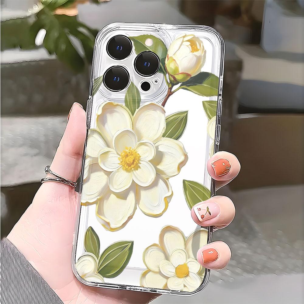 White Camellia with Bud Lucency Phone Case for IPhone 14 15 16 13 12 11 17 Pro Max 12 13 Mini Soft Cover