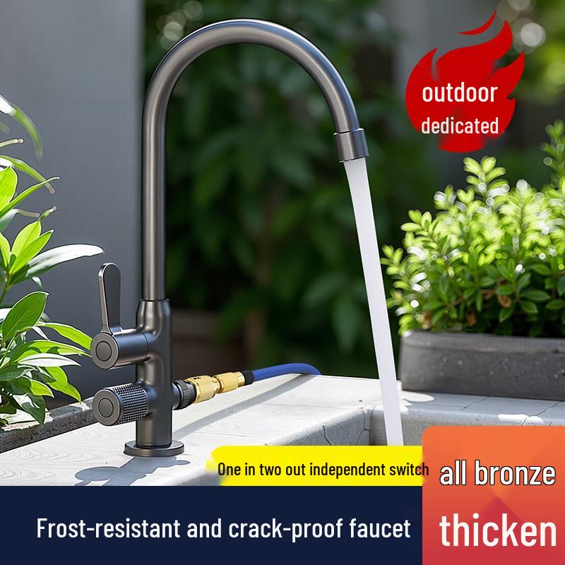 All-Copper Dual-Use Outdoor Faucet: Marble Sun Protection, Freeze-Proof, Crack-Resistant, Single Cold Faucet for Courtyard or Car Wash. Silver Outdoor Faucet Dual Outlet
