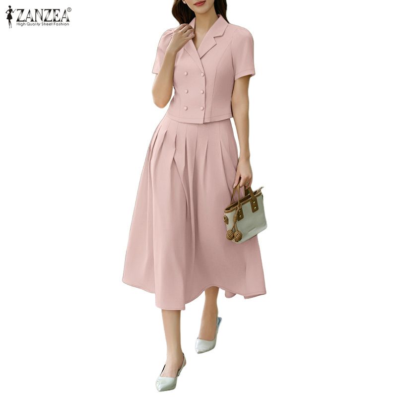 ZANZEA Women Short Sleeve Blouse and Midi Skirts Summer Two Piece Suit Sets