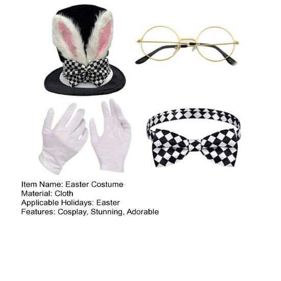 Rabbit Costume Set 4 Piece Bunny Ear Top Hat Glasses Necktie Gloves Set for Halloween Easter Cosplay Accessory