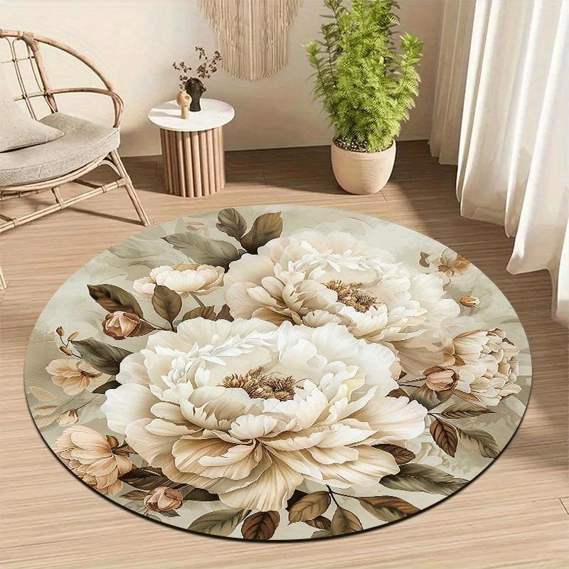 Elegant Peony Floral Round Rug Non-Slip Machine Washable Floor Mat 2D Flat Soft Area Rug for Living Room Bedroom Home Decor