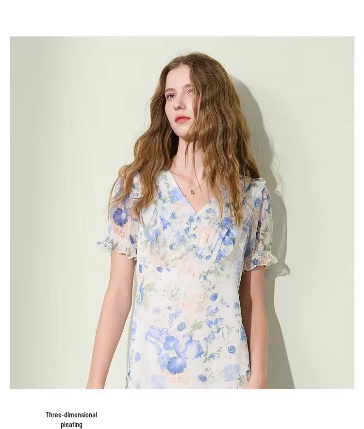 2026 Summer French Floral Mid-Length Blue Skirt - Romantic & Fashionable