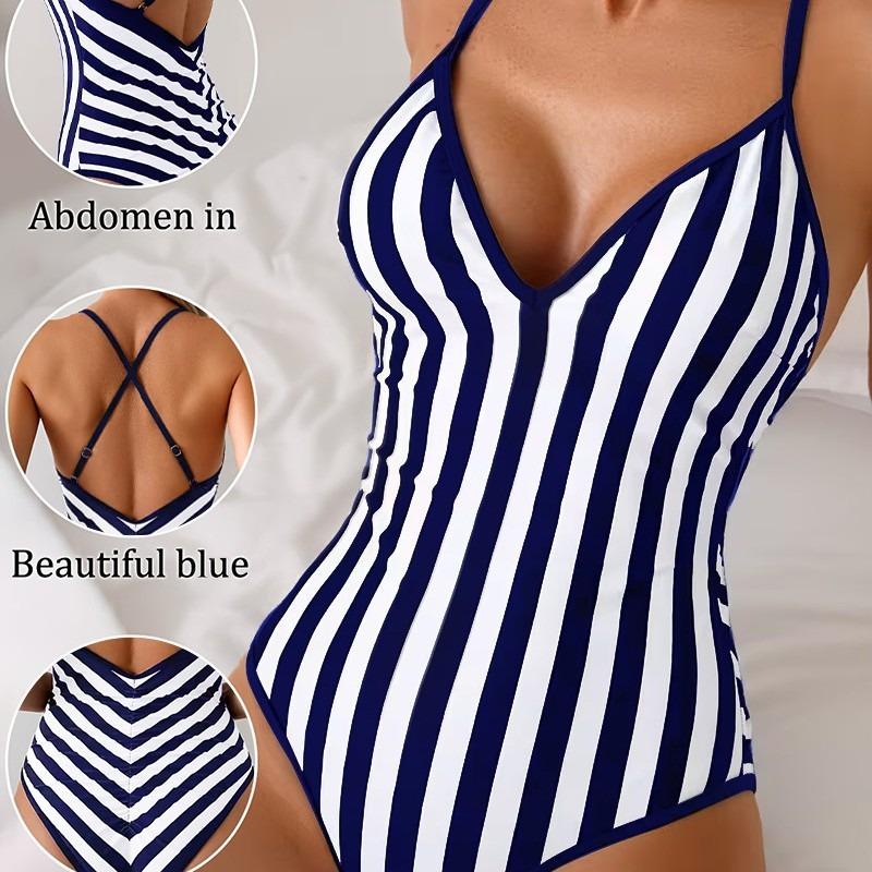 Women Fashion Striped Print Backless Waist Slimming One Piece Swimsuit Beach Swimwear