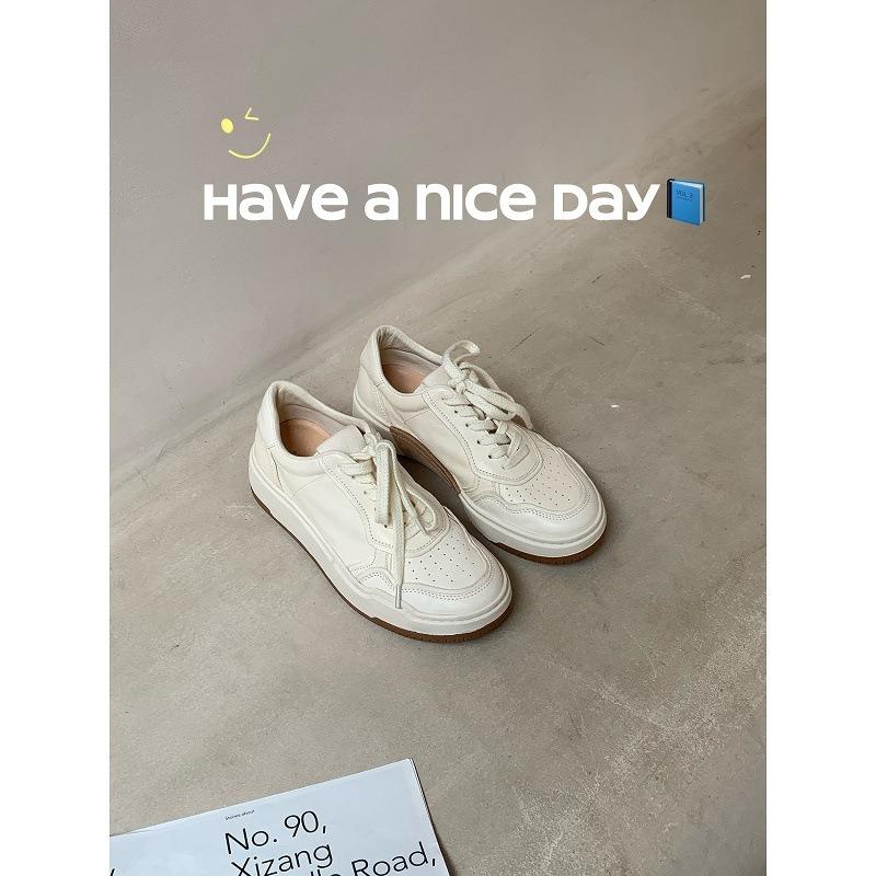 

Cowhide version versatile round head lace-up breathable muffin thick-soled leather little white shoes women s casual board shoes 35 белый