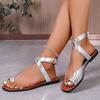 Fashion Gold Silver Pu Leather Flat Sandals Women Plus Size Ankle Buckle Cross Band Clip Toe Sandals Summer Comfort Non Slip Beach Shoes
