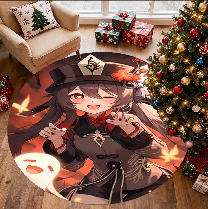 Genshin Impact Pattern Round Rug, Indoor/Outdoor Mat, for Picnic, Gameroom, Bedroom, Office, Living Room, Home Decor Carpet, Birthday Gift
