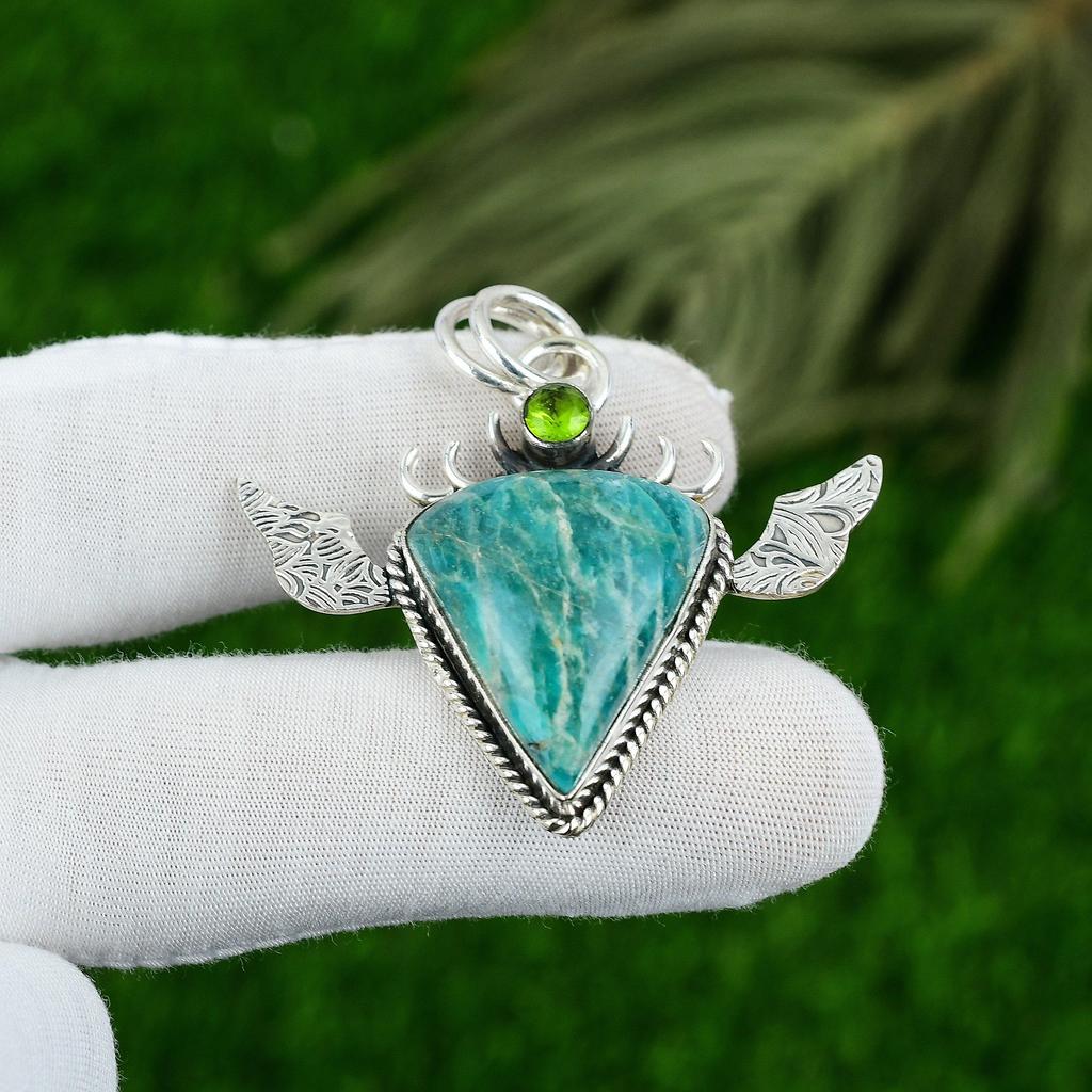 Sterling Silver Heart Chakra Pear Amazonite Stone Peridot Mother Bezel Pendant