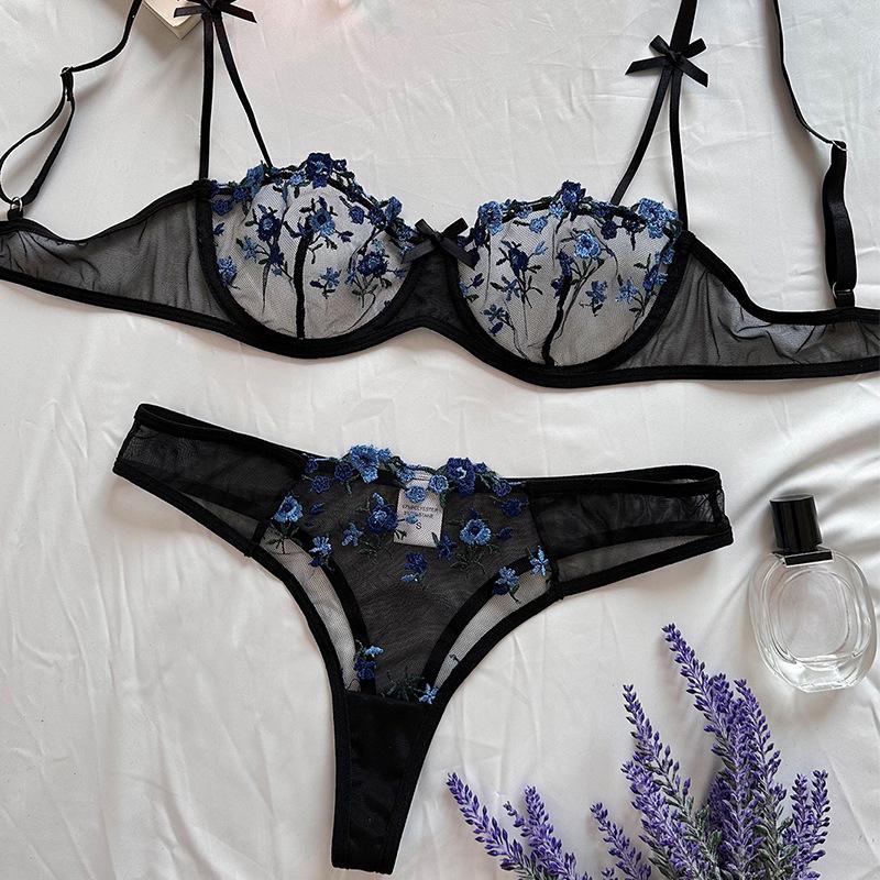 

Y-Style Women s Sexy Ink Painting Embroidered Butterfly Lace Bra Set with Thin Cotton Cups for a Minimizing Effect Small чорний/синій