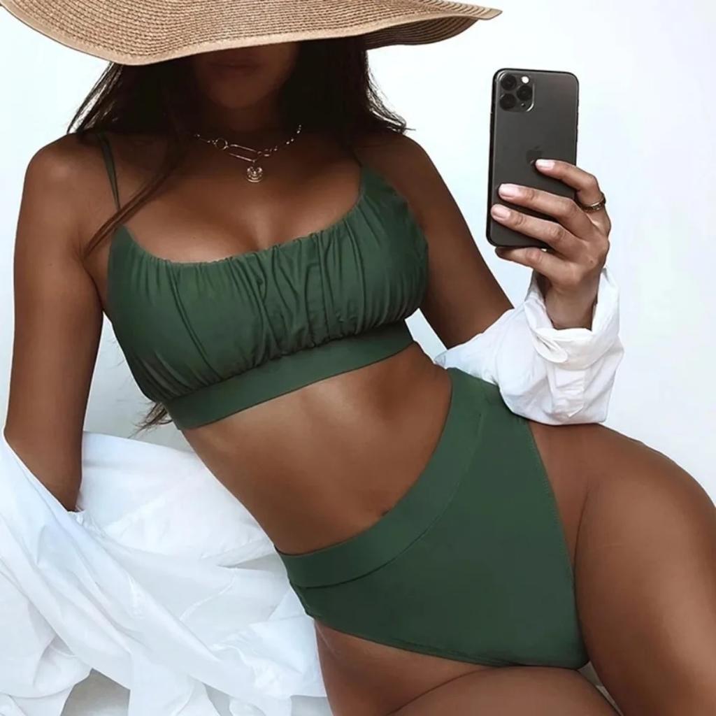 2024 Summer Women's Bikini Triangle Sexy Solid Two Piece Bathing Suit High Waist Bikini Beach Swimsuit for Women