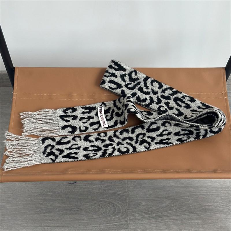Vintage Leopards Print Tassels Scarf Soft Acrylic Neckerchief Warm Fashion Scarves for Women Warm Accessory
