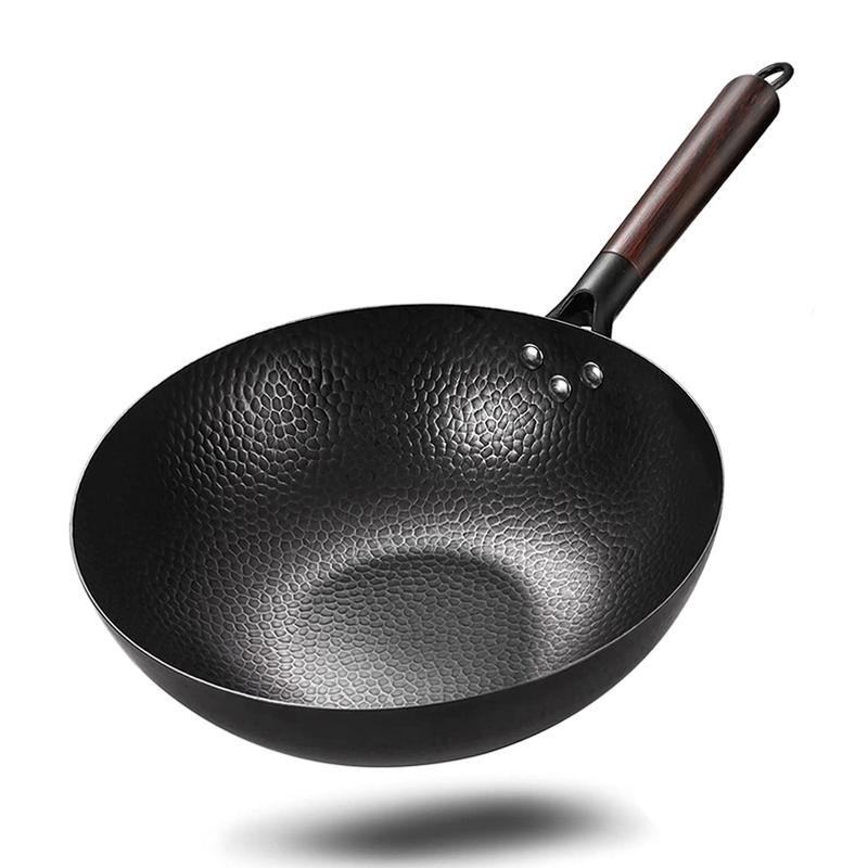 

32cm Carbon Steel Wok,Woks and Stir Fry Pans with lid Kitchen Cookwar For Electric,Induction and Gas Stoves Flat Bottom Wok 32cm