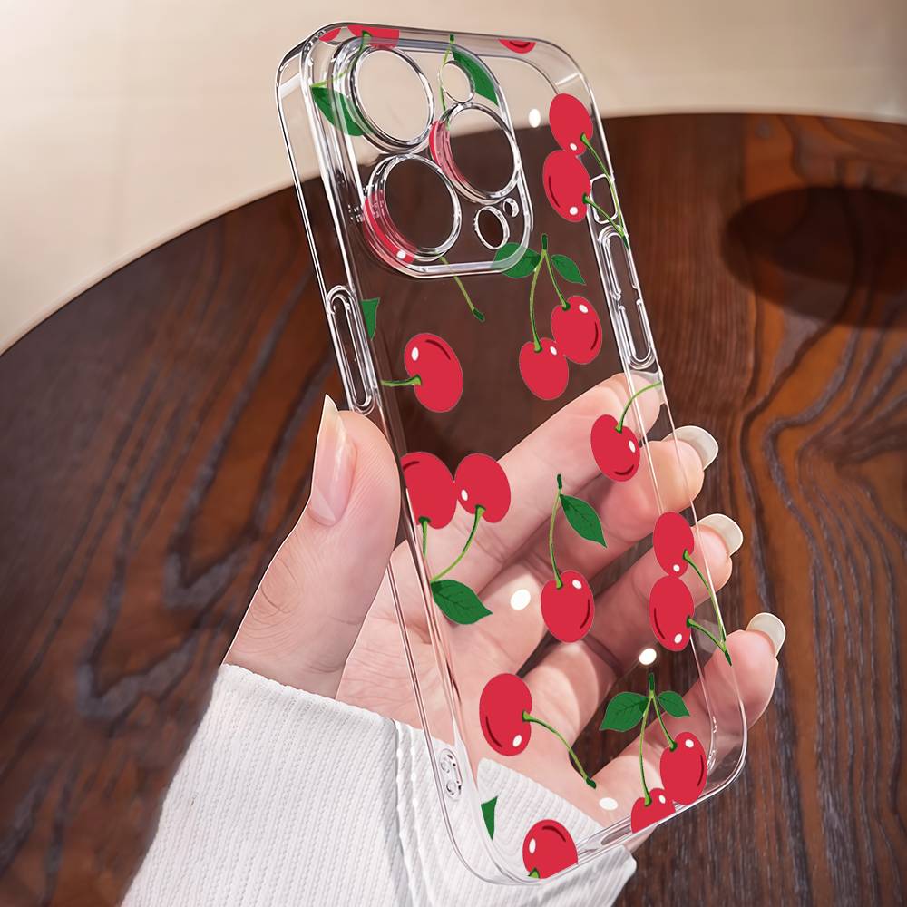 Cartoon Cherry Fruit Clear Phone Case For IPhone 16 16E 15 17 14 13 12 11 Pro Max Air Cute INS Cover Case