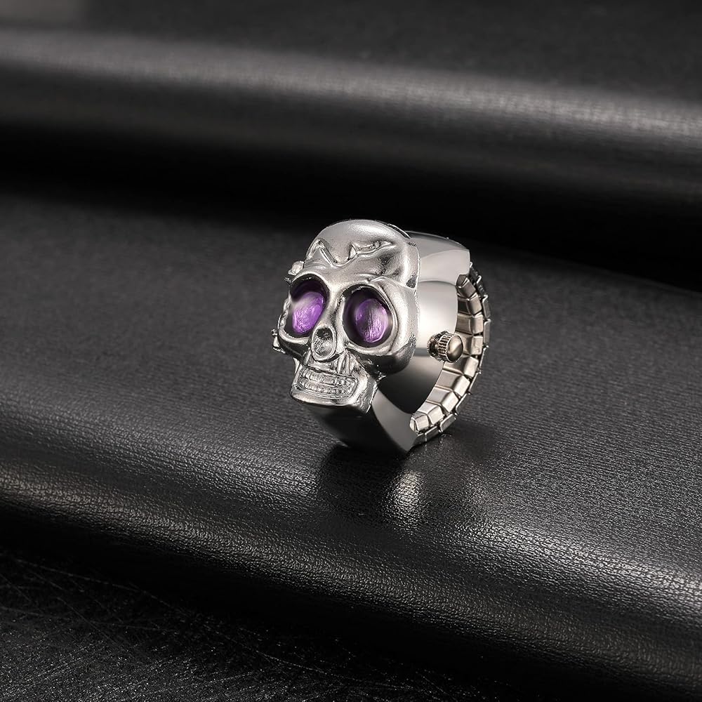 Lancardo Skull Ring Watch Free Size Analog Accessory for Men and Women with Cover Silver Purple