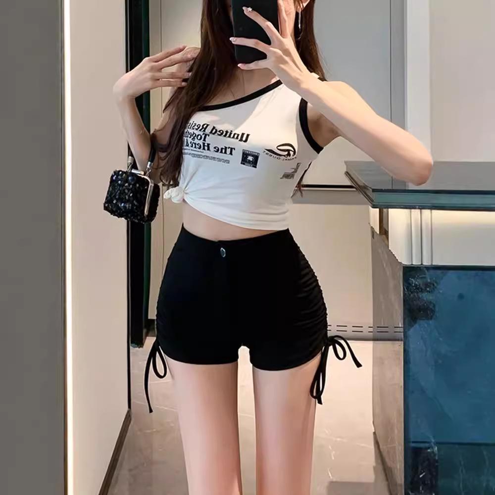 Women's High Waist Elastic Hot Pants: Summer 2024 Korean Style, Lace-Up, Black, Versatile & Spicy.