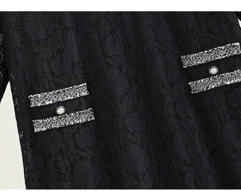 Schwarzes Übergrößen-Spitzenkleid - Damen Herbst Kurzes Schlank machendes Kleid mit Sieben-Ärmel-Design