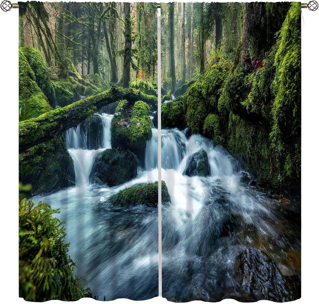 Waterfall Curtains Spring Nature Theme Landscape Pattern Forest Thermal Bedroom Living Room Panel Set Blackout Made Of Polyester Area Decor