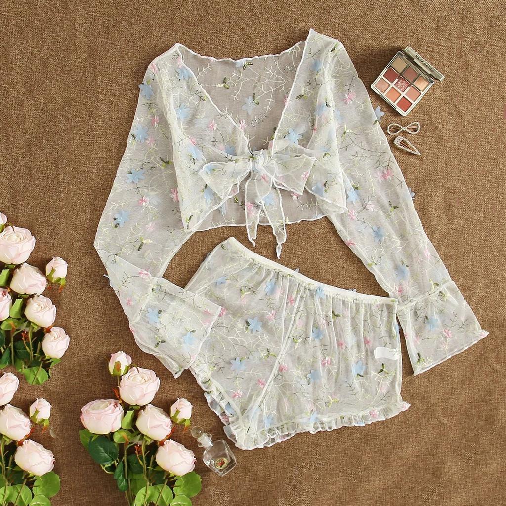 Dámská móda Sexy krajka Transparentní pyžamo Hot Sexy spodní prádlo Set