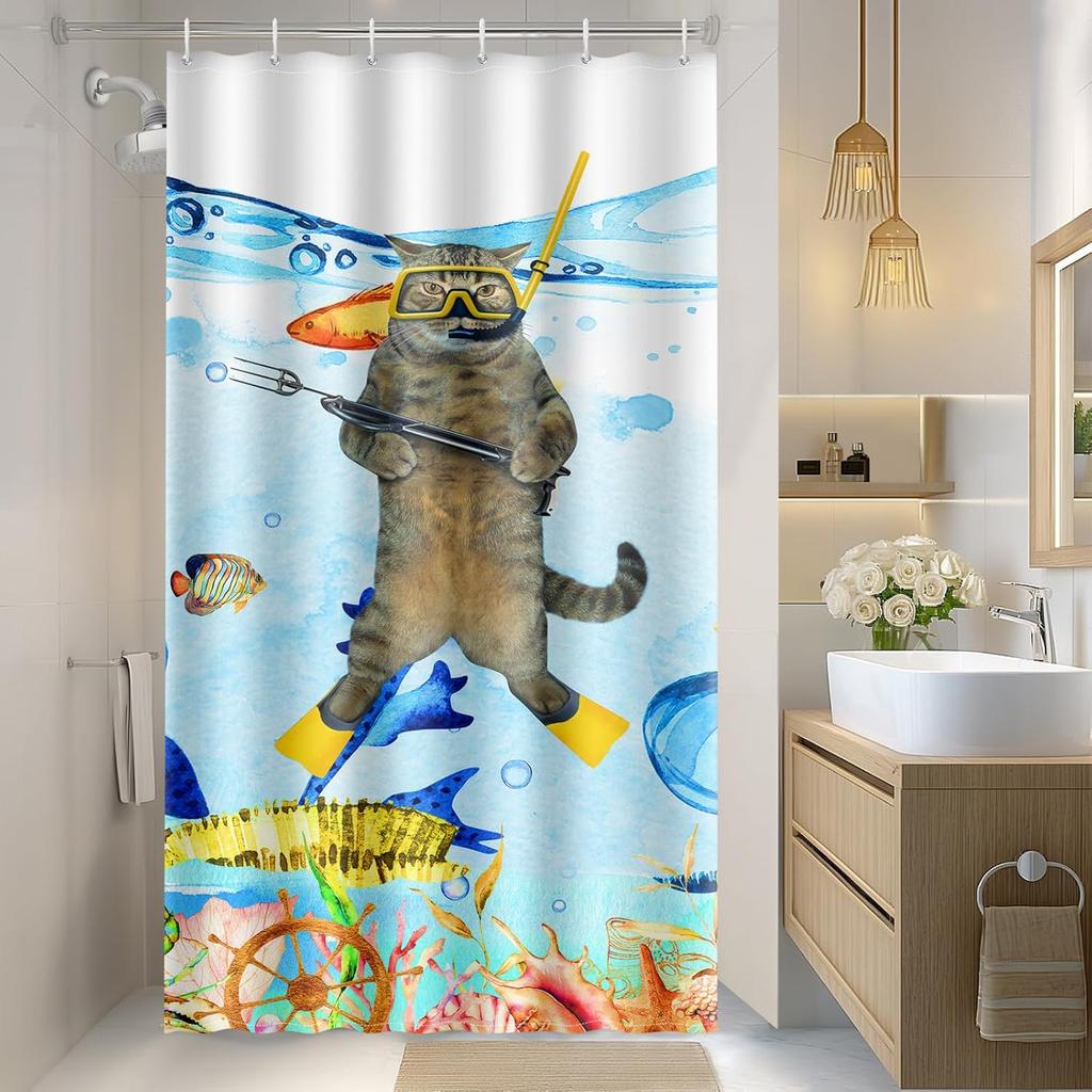 Funny Cat Shower Curtains Cute Cat Riding Whale Shark Fantasy Jellyfish Fun Shower Curtain Set with Kids Bathroom