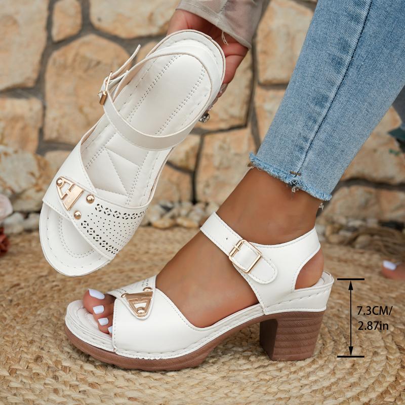 Vintage Medium High Heels Sandals Women Casual Gold Metal Decoration Sandals Women 2025 Summer Ankle Strap Soft Mom's Shoes