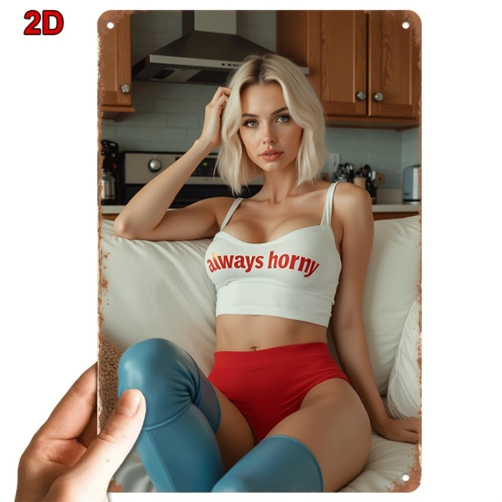 Vintage Sexy Short Hair Lady Metal Wall Decor 8"x12" - White Top Red Shorts Design Durable Indoor/Outdoor Sign for Man Cave Bar