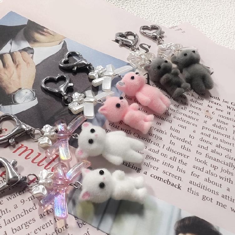 Cute Flocking Animal Keychain Cat Bear Doll Bowknot Pendant Keyring Accessories
