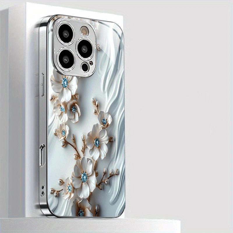 Light White Gilded Flower Pattern Electroplated Silver Tempered Glass New Phone Case for iPhone 17 16 15 14 13 12 11 etc