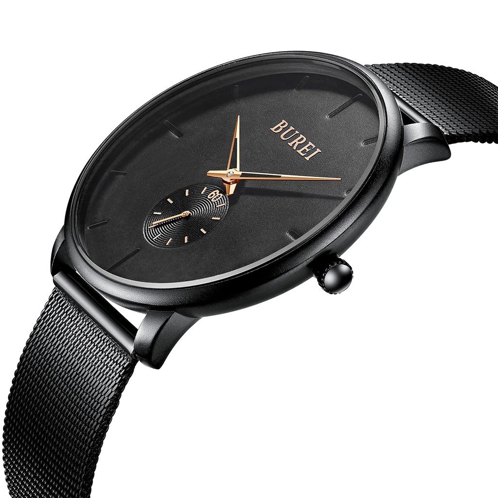 BUREI Men's Black Watch, Simple, Stylish, Popular, Waterproof, Men's Watch (Black-Rose Gold Hands, Stainless Steel)