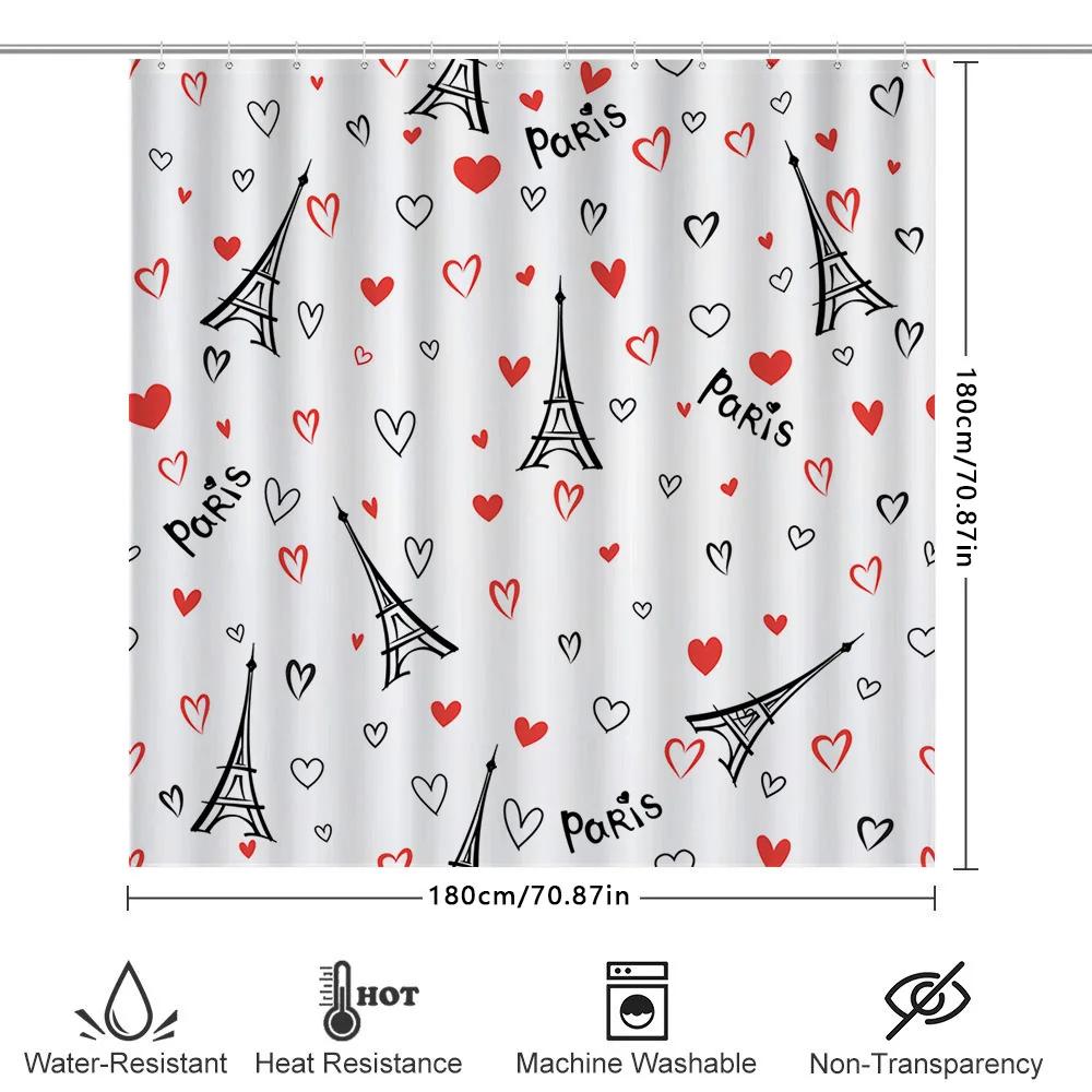 Fashionable Shower Curtain Featuring Iconic Eiffel Tower Design With Red Hearts Pattern For Romantic Paris Theme Decor In Bathro