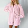 Autumn Women's Clothing Set - Floral Tie-Dye Bubble Sleeve Shirt & Shorts Outfit for Work & Casual Wear