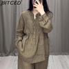 BITCED Autumn Fashion Comfortable Cotton-Linen Blend Long-Sleeve Half-Buttoned Casual Drawstring Wide-Leg Pants Set