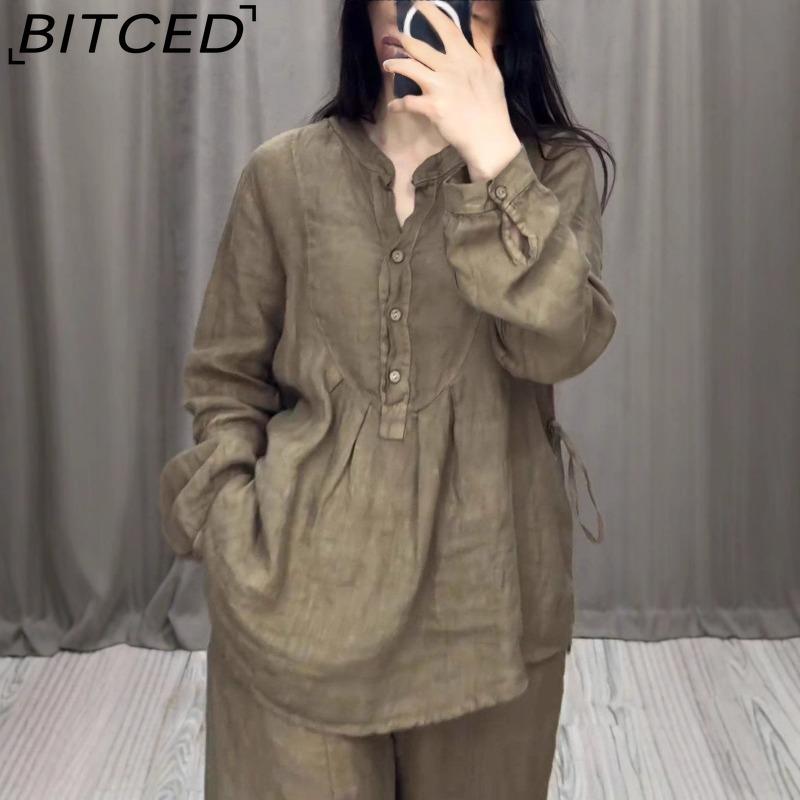 BITCED Autumn Fashion Comfortable Cotton-Linen Blend Long-Sleeve Half-Buttoned Casual Drawstring Wide-Leg Pants Set