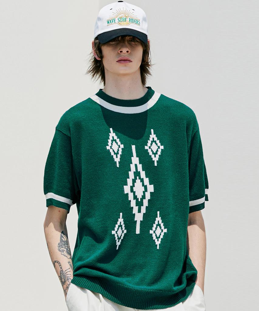KND Navajo Pattern Loose Fit Ringer Half Knit Peacock Green