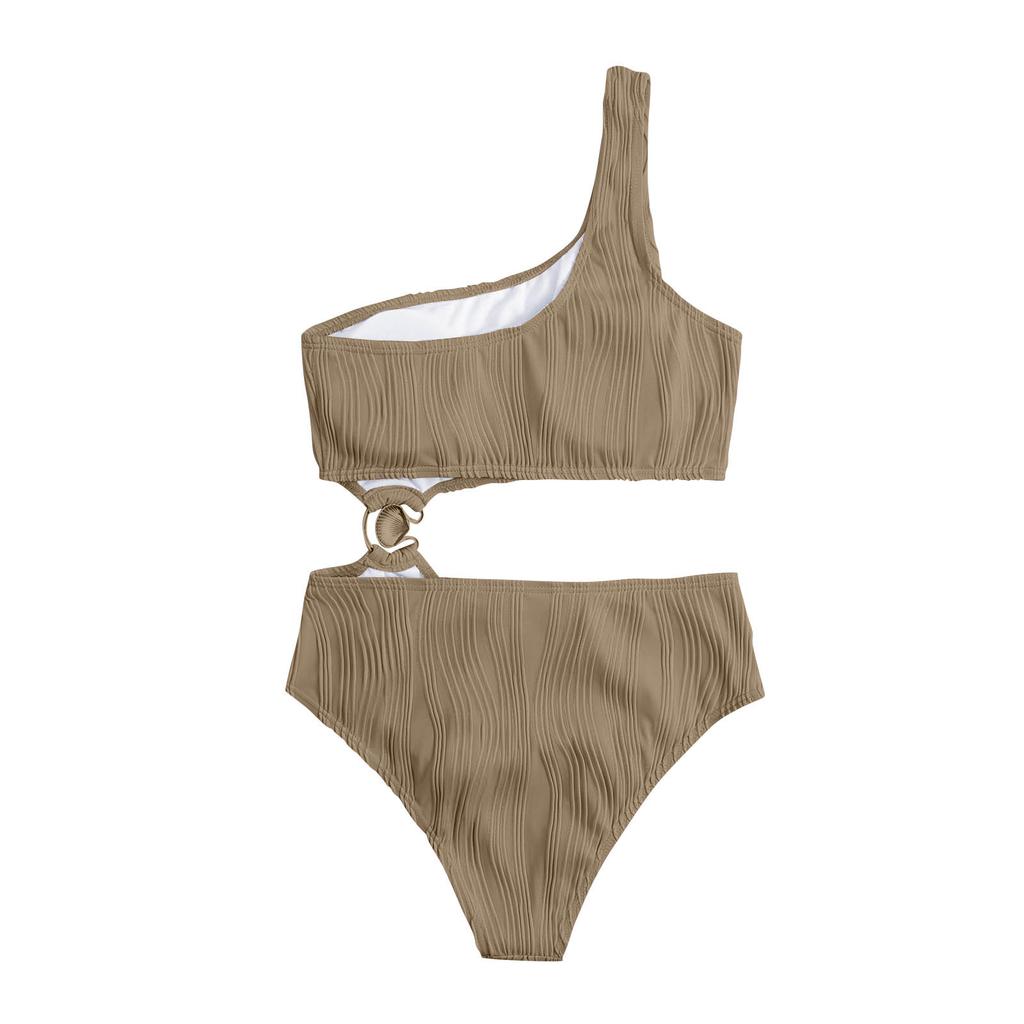 One Shoulder Cut Out One Piece Swimsuit Textured Fabric Monokini with Decorative Ring Detail Beachwear for Women