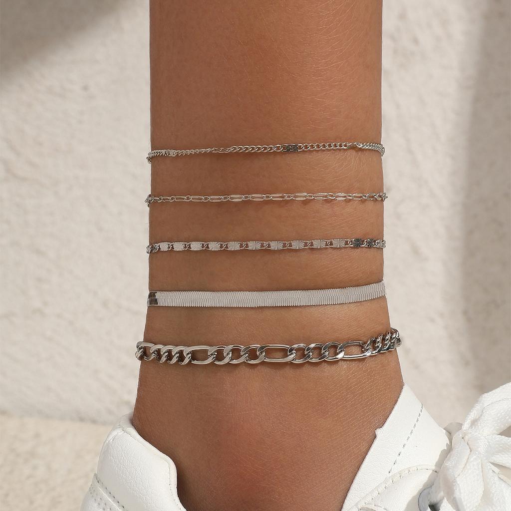Ladies Gold Layered Bracelet Cuban Chain Anklet Chain Snake Bone Chain Tennis Chain Summer Beach Bracelet Set