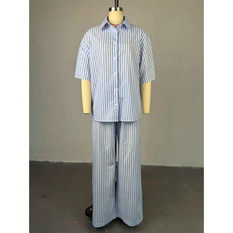 

Western Style Casual Stripe Shirts High Waist Pants Two-piece Set Striped Shirt and Pants Set Blue S
