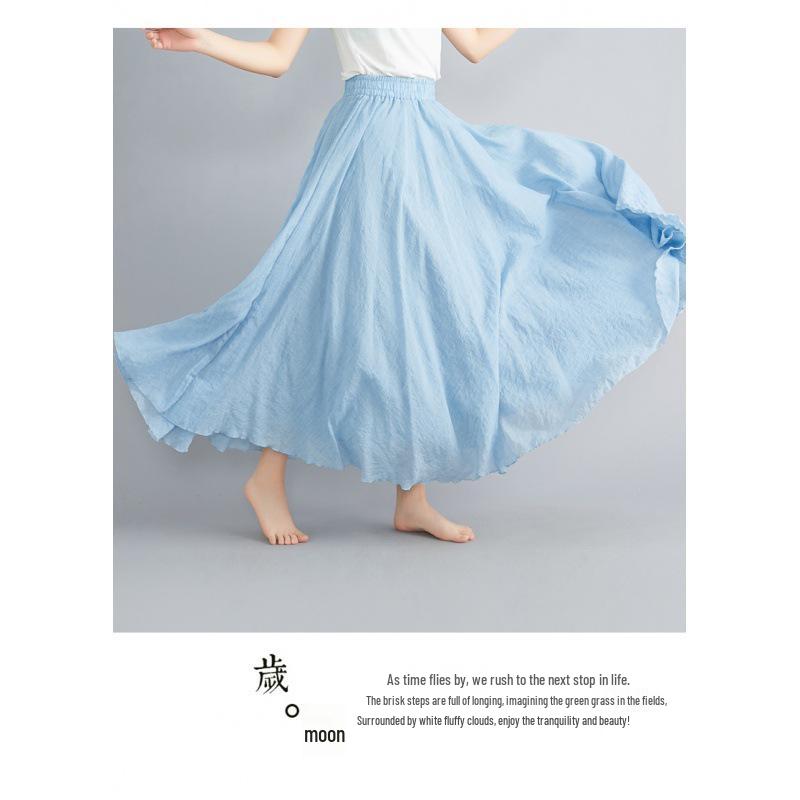 Mori Girl Plus Size Cotton Linen Midi Skirt - Elastic Waist, A-line, Solid Color, Ethnic Style, Long Length