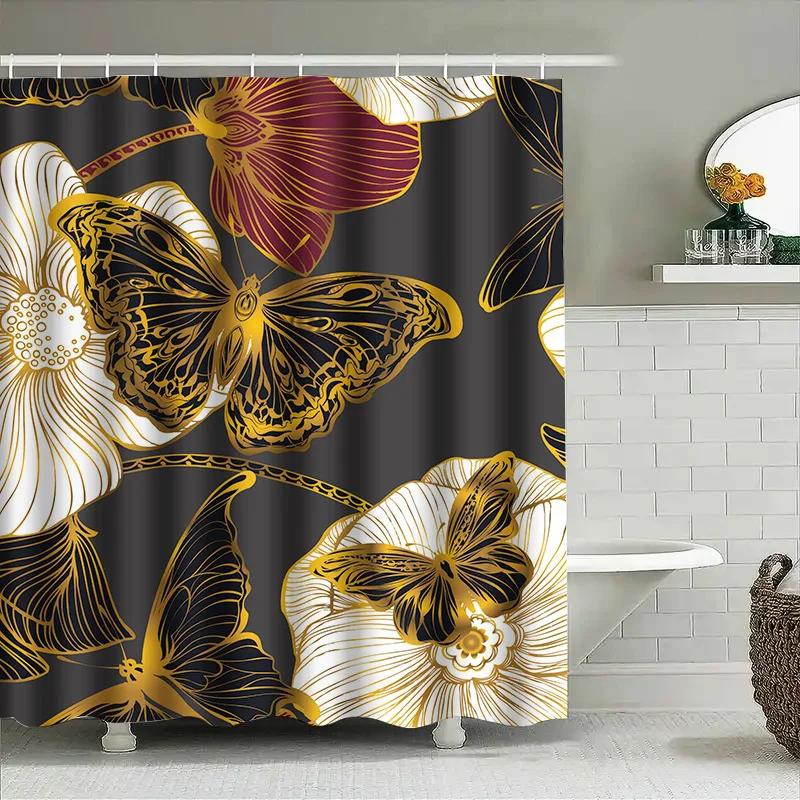 Vibrant Butterfly Floral Shower Curtain For Bathroom Decor Black Gold White Print, Waterproof Fabric With Hooks
