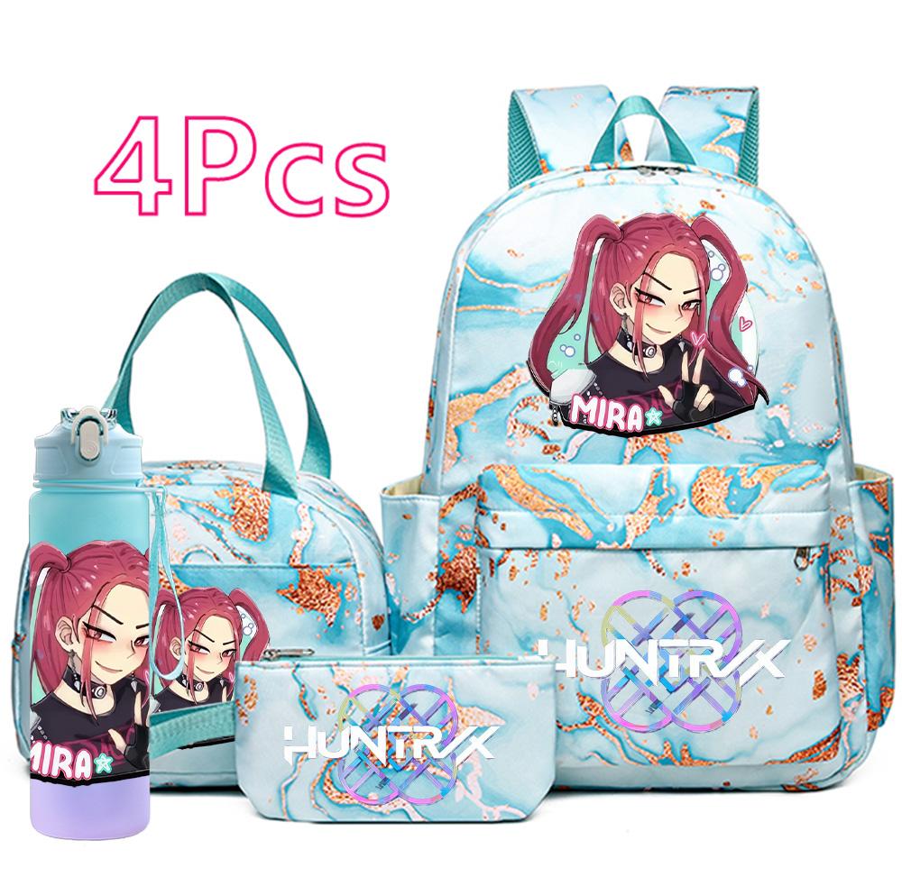 4Pcs/set Cartoon K-Pop Printed Large Capacity Backpack Handbag Pencil Case with 750Ml Water Bottler for Teenager Boy Girl Schoolbag Bookbag Kid Gift