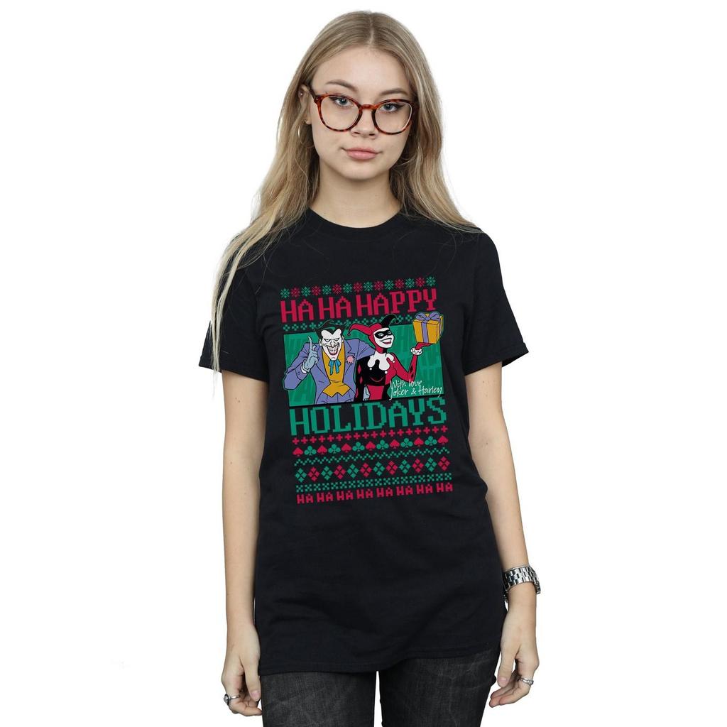 DC Comics Womens/Ladies Joker And Harley Quinn Ha Ha Happy Holidays Cotton Boyfriend T-Shirt