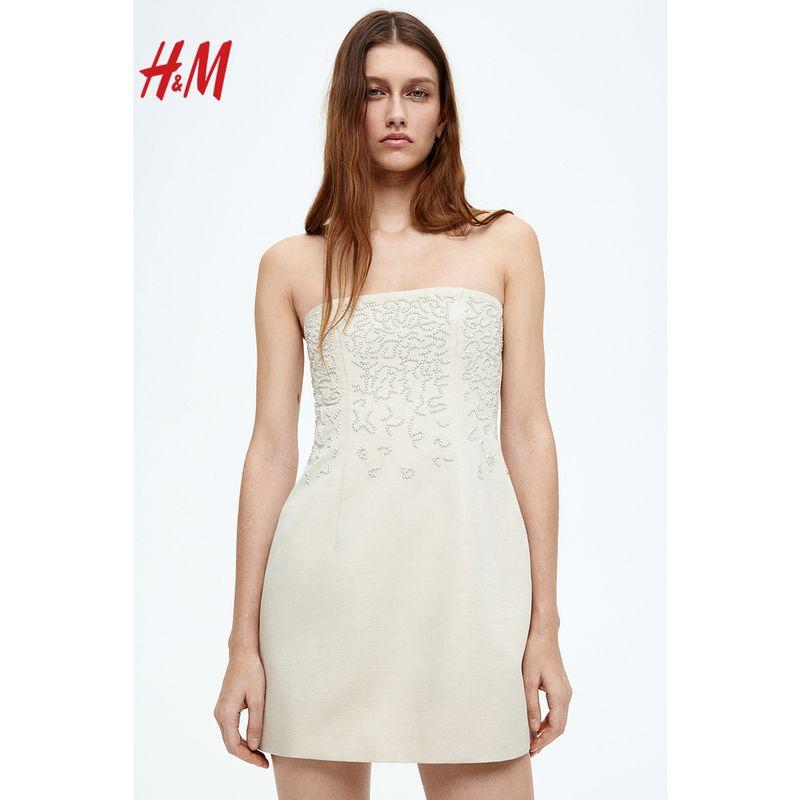 

HM S/S 2025 Women s clothing dress Summer New Linen Blend Tube Top One-Piece Dress 1282549 Light beige 170/104(46)