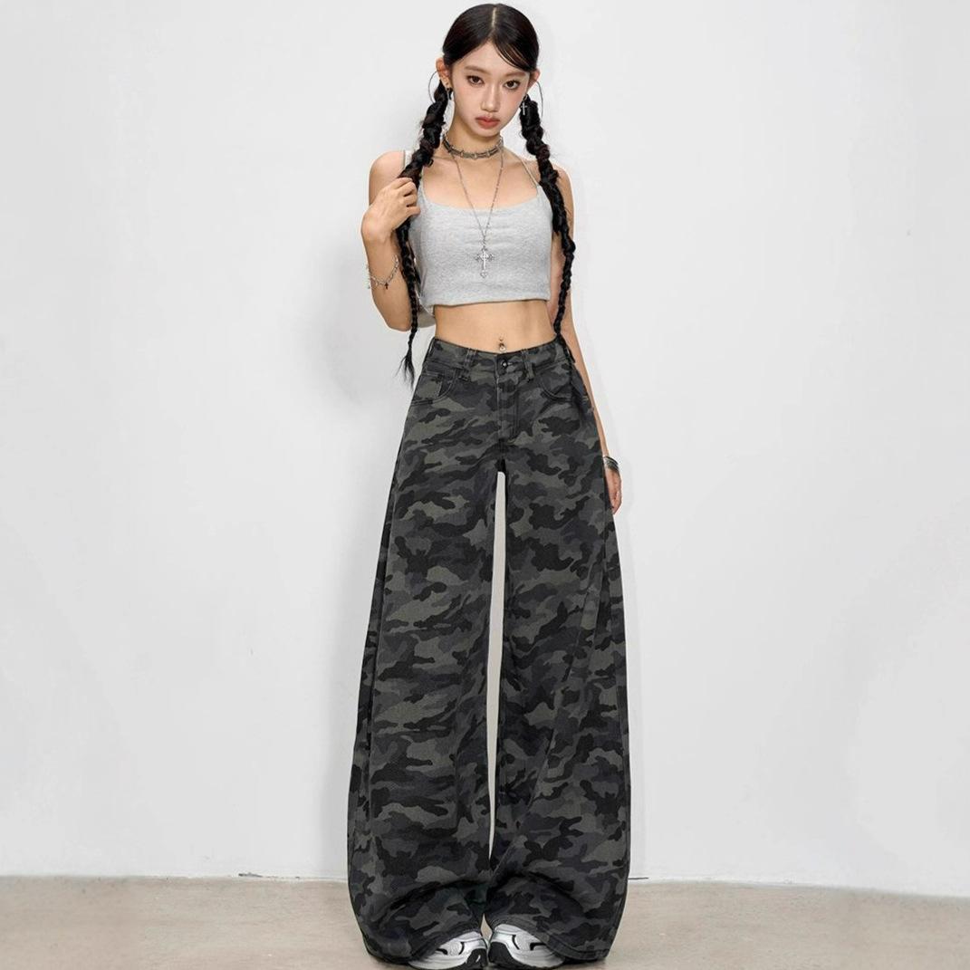 

High-waisted Camouflage Workwear Jeans Women s Autumn Wide-legged High-street Loose Straight Casual Trousers Jeans for Women Long Denim Pants XS