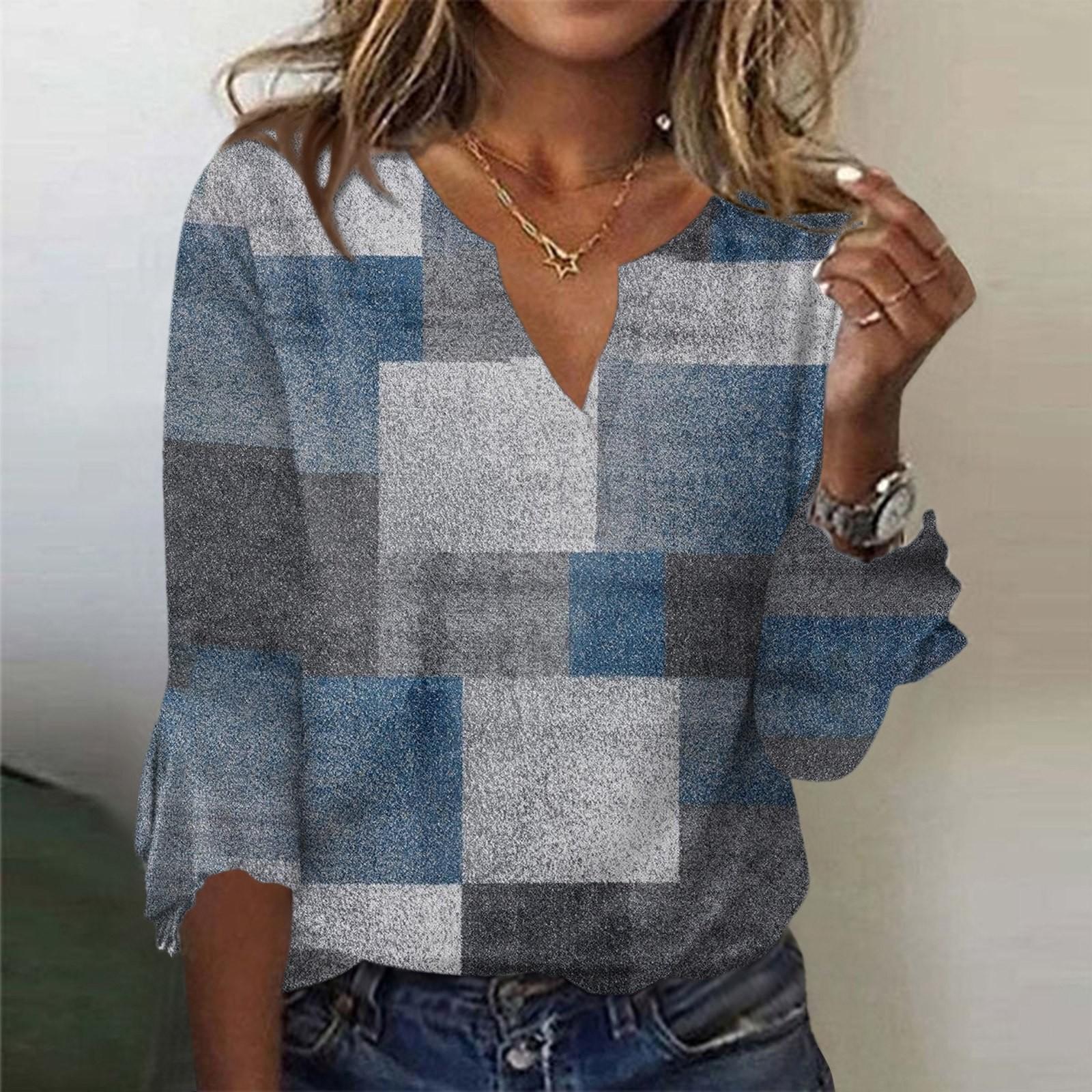 

Женский топ, свободные повседневные блузки с v-образным вырезом и принтом, футболка с рукавом 3/4 и колокольчиком L синий